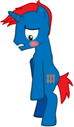 Size: 1280x2185 | Tagged: safe, artist:jawsandgumballfan24, artist:ry-bluepony1, oc, oc only, oc:train track, species:pony, species:unicorn, 1000 hours in pony creator, bipedal, blushing, covering, covering crotch, embarrassed, male, naked rarity, pony creator, simple background, solo, transparent background, wat, we don't normally wear clothes