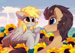 Size: 2378x1681 | Tagged: safe, alternate version, artist:mirtash, character:derpy hooves, character:doctor whooves, character:time turner, species:earth pony, species:pegasus, species:pony, ship:doctorderpy, blushing, chest fluff, ear fluff, eye contact, female, fence, flower, looking at each other, male, mare, shipping, smiling, stallion, straight, sunflower, windmill