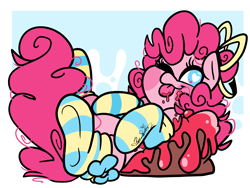 Size: 4000x3000 | Tagged: safe, artist:befishproductions, character:pinkie pie, species:earth pony, species:pony, clothing, cute, diapinkes, female, food, one eye closed, socks, solo, striped socks, tongue out, wingding eyes, wink