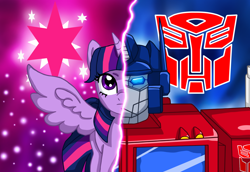 Size: 2902x2000 | Tagged: safe, artist:edcom02, character:twilight sparkle, character:twilight sparkle (alicorn), species:alicorn, species:pony, spoiler:comic, spoiler:friendship in disguise, autobot, crossover, optimus prime, transformers