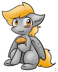 Size: 741x927 | Tagged: safe, artist:zutcha, character:derpy hooves, species:pegasus, species:pony, blushing, cute, derpabetes, female, food, hoof hold, mare, muffin, simple background, sitting, solo, wavy mouth, white background