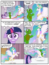 Size: 805x1078 | Tagged: safe, artist:kturtle, character:princess celestia, character:twilight sparkle, oc, oc:kinky turtle, artifact, canter, comic, dialogue, floppy ears, horse noises, horses doing horse things, princess celestia is a horse, rearing, riding a pony, speech bubble, turtle, whinny