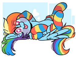 Size: 4000x3000 | Tagged: safe, artist:befishproductions, character:rainbow dash, species:pegasus, species:pony, abstract background, armpits, blep, blush sticker, blushing, clothing, cute, dashabetes, eye clipping through hair, female, heart, heart eyes, looking at you, on back, rainbow socks, socks, solo, striped socks, thigh highs, tongue out, wingding eyes