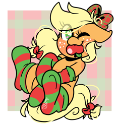 Size: 2903x3107 | Tagged: safe, artist:befishproductions, character:applejack, species:earth pony, species:pony, apple in mouth, bow, clothing, cute, female, hair bow, heart eyes, jackabetes, one eye closed, socks, solo, striped socks, thigh highs, wingding eyes, wink