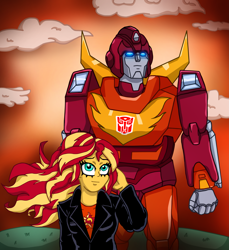 Size: 2751x3000 | Tagged: safe, artist:edcom02, character:sunset shimmer, my little pony:equestria girls, autobot, clothing, crossover, hot rod, jacket, transformers, windswept hair