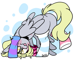 Size: 3753x3000 | Tagged: safe, artist:befishproductions, character:derpy hooves, species:pegasus, species:pony, abstract background, adorkable, bubble, butt, clothing, cute, derpabetes, dork, featureless crotch, female, folded wings, heart eyes, mare, mismatched socks, plot, socks, solo, striped socks, thigh highs, tongue out, wingding eyes, wings