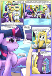 Size: 1080x1584 | Tagged: safe, artist:firefanatic, character:fluttershy, character:rarity, character:spike, character:twilight sparkle, character:twilight sparkle (alicorn), species:alicorn, species:pony, comic:friendship management, alphys, armor, asgore dreemurr, blanket, carrying, chair, clothing, comic, crossover, crown, cutie map, dialogue, holding a pony, jewelry, lab coat, lidded eyes, pillow, regalia, shrugging, smiling, stone scales, table, twilight's castle, undertale, what is hoo-man