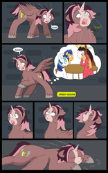Size: 5000x8000 | Tagged: safe, artist:chedx, commissioner:bigonionbean, writer:bigonionbean, character:big mcintosh, character:flash sentry, character:shining armor, character:trouble shoes, oc, oc:king speedy hooves, species:alicorn, species:earth pony, species:pegasus, species:pony, species:unicorn, comic:the fusion flashback, alicorn oc, clydesdale, comic, confused, confusion, cutie mark, dialogue, fusion, fusion:fast hooves, fusion:home defence, fusion:king speedy hooves, magic, panicking, passed out, potion, sleeping, sweat, sweating profusely, table, thought bubble