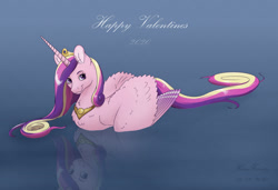 Size: 1600x1097 | Tagged: safe, artist:haretrinity, character:princess cadance, species:alicorn, species:pony, chest fluff, ear fluff, female, holiday, looking at you, mare, reflection, solo, swandance, swimming, text, valentine's day, water