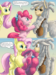 Size: 1188x1584 | Tagged: safe, artist:firefanatic, character:fluttershy, character:pinkie pie, species:earth pony, species:pegasus, species:pony, :3, alternate design, bow, chest fluff, cute, digital art, dreadlocks, llama, long mane, satchel, size difference, smiling, surprised, tallershy