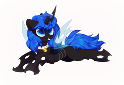 Size: 2408x1660 | Tagged: safe, artist:mirtash, oc, oc only, oc:blue visions, species:changeling, bell, bell collar, blue changeling, changeling oc, collar, fangs, simple background, solo, white background