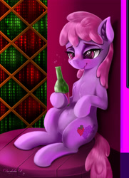 Size: 3250x4500 | Tagged: safe, artist:darksly, character:berry punch, character:berryshine, species:earth pony, species:pony, blushing, bottle, drunk, female, mare, sitting, solo, table, tongue out