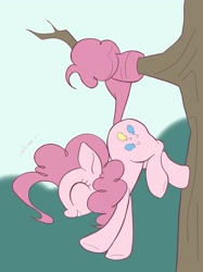 Size: 1535x2048 | Tagged: safe, artist:noupu, character:pinkie pie, species:earth pony, species:pony, cute, diapinkes, eyes closed, female, mare, prehensile tail, profile, smiling, solo, tree, tree branch
