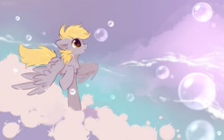 Size: 2520x1586 | Tagged: safe, artist:mirtash, character:derpy hooves, species:pegasus, species:pony, g4, bubble, chest fluff, cloud, cute, derpabetes, ear fluff, female, floppy ears, flying, mare, on a cloud, open mouth, profile, scenery, sky, solo, spread wings, wings