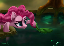Size: 4500x3250 | Tagged: safe, artist:darksly, character:pinkie pie, species:earth pony, species:pony, episode:feeling pinkie keen, g4, my little pony: friendship is magic, bubble, commission, ear fluff, female, froggy bottom bog, lily pad, mare, scene interpretation, solo, water