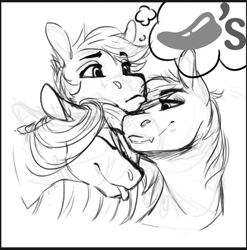 Size: 744x752 | Tagged: safe, artist:silentwulv, oc, oc only, species:pony, chili's, grayscale, monochrome, sketch, tongue out, trio