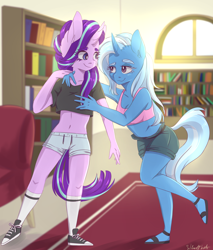 Size: 1700x2000 | Tagged: safe, artist:silbersternenlicht, character:starlight glimmer, character:trixie, species:anthro, species:plantigrade anthro, species:pony, species:unicorn, ship:startrix, armpits, belly button, book, bra, clothing, female, lesbian, long socks, midriff, sandals, shipping, shoes, short pants, short shirt, sneakers, socks, sports bra