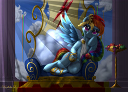 Size: 4500x3250 | Tagged: safe, alternate version, artist:darksly, character:rainbow dash, apple, clothing, cloud, column, crepuscular rays, draw me like one of your french girls, female, food, fruit, grapes, greek, green apple, hoof on chin, hoof shoes, jewelry, laurel wreath, looking at you, lounging, orange, queen, rainbow waterfall, semi-anthro, signature, solo, spread wings, stand, throne, toga, wings