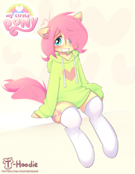 Size: 2825x3625 | Tagged: safe, artist:hoodie, character:fluttershy, butterscotch, clothing, femboy, high res, hoodie, male, rule 63, semi-anthro, socks, solo