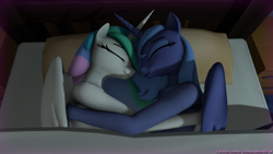 Size: 2880x1620 | Tagged: safe, artist:shadowboltsfm, character:princess celestia, character:princess luna, species:alicorn, species:anthro, species:pony, ship:princest, 3d, bed, blanket, cuddling, cute, duo, duo female, female, hug, incest, lesbian, multicolored hair, night, pillow, royal sisters, s1 luna, shipping, siblings, sisters, sleeping, smiling, source filmmaker