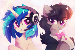 Size: 2449x1632 | Tagged: safe, artist:mirtash, character:dj pon-3, character:octavia melody, character:vinyl scratch, species:earth pony, species:pony, species:unicorn, bow tie, clothing, cute, duo, eye clipping through hair, female, grin, headphones, headset, hooves, horn, mare, smiling