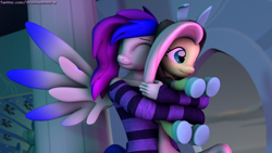 Size: 1920x1080 | Tagged: safe, artist:shadowboltsfm, character:fluttershy, oc, oc:inkwell stylus, species:anthro, 3d, bunny ears, clothing, costume, cute, dangerous mission outfit, goggles, hoodie, hug, plushie, smiling, source filmmaker