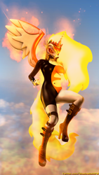 Size: 1080x1920 | Tagged: safe, artist:shadowboltsfm, character:daybreaker, character:princess celestia, species:anthro, species:plantigrade anthro, badass, boots, evil, evil grin, female, flying, grin, high heel boots, looking at you, nail polish, on fire, shoes, skinsuit, skintight clothes, sky, smiling, solo, wings
