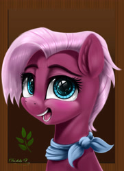 Size: 3250x4500 | Tagged: safe, artist:darksly, character:jasmine leaf, species:earth pony, species:pony, g4, ascot, bust, commission, female, looking at you, mare, open mouth, portrait, smiling, solo