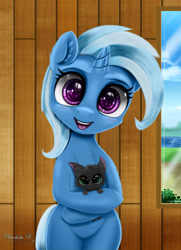 Size: 3250x4500 | Tagged: safe, artist:darksly, character:trixie, species:pony, species:unicorn, bipedal, cat, cute, darksly is trying to murder us, dawwww, diatrixes, ear fluff, happy, holding, kitten, looking at you, weapons-grade cute