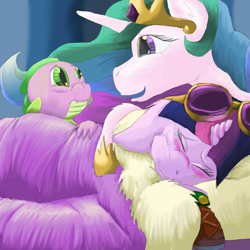 Size: 1584x1584 | Tagged: safe, artist:firefanatic, character:princess celestia, character:spike, character:twilight sparkle, character:twilight sparkle (alicorn), species:alicorn, species:dragon, species:pony, bags under eyes, bed, boots, comforting, crossover, crying, description is relevant, goggles, minecraft, runny nose, shoes, sick, smiling, story included, tears of joy, teary eyes, thaumcraft, worried