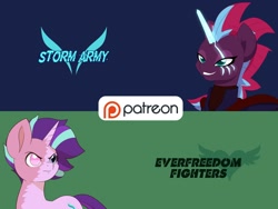 Size: 1600x1200 | Tagged: safe, alternate version, artist:chedx, character:starlight glimmer, character:tempest shadow, comic:the storm kingdom, advertisement, alternate design, alternate hairstyle, alternate timeline, alternate universe, comic, crystal of light, everfreedom fighters, fanfic, patreon, patreon logo, paywall content, storm army, wallpaper