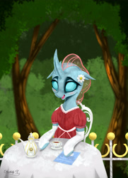 Size: 3250x4500 | Tagged: safe, artist:darksly, character:ocellus, species:changeling, species:reformed changeling, blushing, commission, cute, diaocelles, female, food, solo, tea, tea party