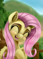 Size: 3250x4500 | Tagged: safe, artist:darksly, character:fluttershy, species:pegasus, species:pony, commission, cute, digital art, eyes closed, female, mare, open mouth, shyabetes, smiling, solo