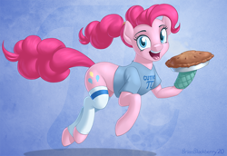 Size: 1016x697 | Tagged: safe, artist:brianblackberry, character:pinkie pie, species:earth pony, species:pony, alternate hairstyle, bottomless, clothing, cute, diapinkes, female, food, happy, mare, open mouth, oven mitt, partial nudity, pi day, pie, ponytail, shirt, socks, solo, t-shirt