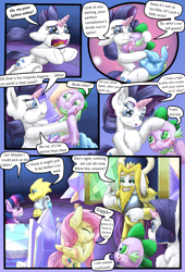 Size: 1080x1584 | Tagged: safe, artist:firefanatic, character:fluttershy, character:rarity, character:spike, character:twilight sparkle, character:twilight sparkle (alicorn), species:alicorn, species:pony, comic:friendship management, alphys, asgore dreemurr, big grin, blanket, blushing, castle, comic, cute, dialogue, grin, hug, pouting, scrunchy face, smiling, stone scales, teabag, undertale, what is hoo-man