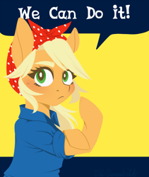 Size: 2600x3087 | Tagged: safe, artist:silbersternenlicht, character:applejack, species:earth pony, species:pony, clothing, cute, female, flexing, jackabetes, looking at you, mare, motivation, motivational poster, retro, rosie the riveter, solo, we can do it!