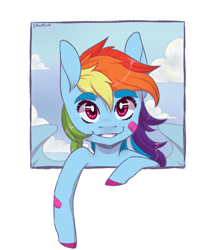 Size: 1700x2000 | Tagged: safe, artist:silbersternenlicht, character:rainbow dash, species:pegasus, species:pony, bandaid, bust, cloud, colored hooves, cute, dashabetes, female, human shoulders, out of frame, simple background, sky, smiling, solo, transparent background