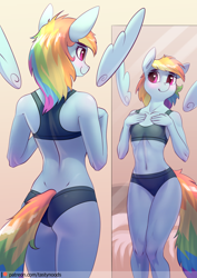 Size: 848x1200 | Tagged: safe, alternate version, artist:chrysalisdraws, character:rainbow dash, species:anthro, species:pegasus, species:pony, adorasexy, blushing, bra, breasts, clothing, crop top bra, cute, dashabetes, delicious flat chest, female, floating wings, gray underwear, looking at self, mare, mirror, panties, patreon, patreon logo, rainbow flat, sexy, smiling, solo, underwear, wings