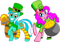 Size: 1032x724 | Tagged: safe, artist:brianblackberry, artist:frankier77, editor:cocoa bittersweet, character:lyra heartstrings, character:pinkie pie, species:earth pony, species:pony, species:unicorn, bottomless, bow tie, clothing, clover, cutie mark, female, four leaf clover, gold, grin, hat, holding, holiday, keg, leprechaun, leprechaun hat, levitation, looking at you, magic, manepxls, mare, mouth hold, mug, partial nudity, pixel art, pot, pot of gold, pxls.space, raised hoof, saint patrick's day, shirt, simple background, smiling, socks, striped socks, telekinesis, transparent background