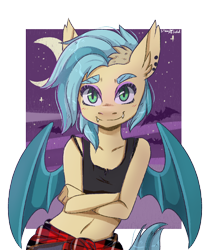 Size: 1700x2000 | Tagged: safe, artist:silbersternenlicht, oc, oc only, species:anthro, species:bat pony, bat pony oc, bat wings, clothing, commission, crescent moon, crossed arms, female, looking at you, moon, night, night sky, pants, simple background, sky, smiling, solo, stars, transparent background, wings