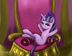 Size: 3539x2727 | Tagged: safe, artist:darksly, character:starlight glimmer, species:pony, species:unicorn, alternate universe, arm behind head, bad end, female, looking at you, lounging, mare, s5 starlight, smug, smuglight glimmer, this will end in communism, throne, tyrant glimmer, welcome home twilight