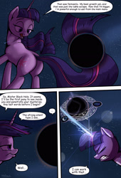 Size: 1920x2816 | Tagged: safe, artist:shieltar, part of a set, character:twilight sparkle, species:pony, species:unicorn, comic:giant twilight, black hole, butt, comic, cute, dialogue, female, giant pony, giantess, glowing horn, horn, jewelry, macro, magic, magic circle, mare, necklace, part of a series, pony bigger than a planet, pony bigger than a solar system, pony bigger than a star, signature, size difference, solo, space, stars, twiabetes
