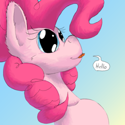Size: 1584x1584 | Tagged: safe, artist:firefanatic, character:pinkie pie, :3, big ears, cute, dialogue, long neck, mlem, silly, smiling, speech bubble, tongue out