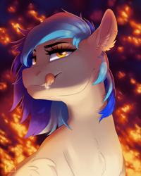 Size: 2400x3000 | Tagged: safe, artist:silentwulv, oc, oc only, oc:coldfire, species:pony, bust, fangs, fire, high res, solo, tongue out