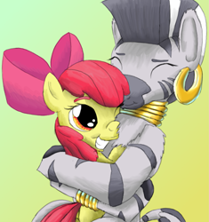 Size: 1491x1584 | Tagged: safe, artist:firefanatic, character:apple bloom, character:zecora, species:earth pony, species:pony, species:zebra, affection, big grin, chest fluff, female, filly, fluffy, grin, hug, hugging a pony, platonic, platonic kiss, smiling