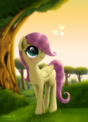 Size: 3250x4500 | Tagged: safe, alternate version, artist:darksly, character:fluttershy, species:pegasus, species:pony, blank flank, bush, butterfly, eye reflection, female, filly, filly fluttershy, folded wings, grass, hair over one eye, looking at something, looking up, outdoors, reflection, smiling, solo, standing, three quarter view, tree, wings, younger