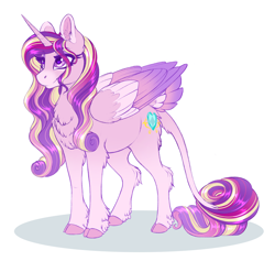 Size: 1322x1307 | Tagged: safe, artist:silkensaddle, character:princess cadance, species:alicorn, species:pony, chest fluff, cloven hooves, coat markings, colored hooves, colored wings, cute, cutedance, ear fluff, female, heart eyes, leg fluff, leonine tail, mare, multicolored wings, redesign, simple background, solo, tail feathers, tail fluff, white background, wingding eyes, wings