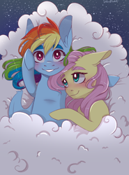 Size: 2000x2700 | Tagged: safe, artist:silbersternenlicht, character:fluttershy, character:rainbow dash, species:pegasus, species:pony, ship:flutterdash, blushing, cloud, female, lesbian, mare, shipping, signature, stars