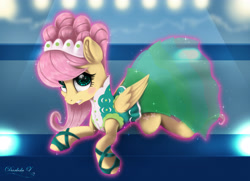 Size: 4500x3250 | Tagged: safe, artist:darksly, character:fluttershy, species:pegasus, species:pony, episode:green isn't your color, g4, my little pony: friendship is magic, blushing, clothing, digital art, dress, female, implied twilight sparkle, levitation, magic, mare, modelshy, offscreen character, scene interpretation, solo, telekinesis