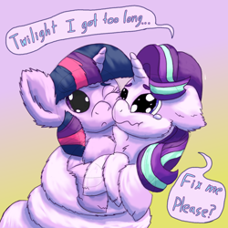 Size: 1872x1872 | Tagged: safe, artist:billblok, artist:firefanatic, character:starlight glimmer, character:twilight sparkle, character:twilight sparkle (alicorn), species:alicorn, species:pony, species:unicorn, begging, coiling, coils, crying, cute, dialogue, female, fluffy, long glimmer, long pony, mare, meme, nuzzling, speech bubble